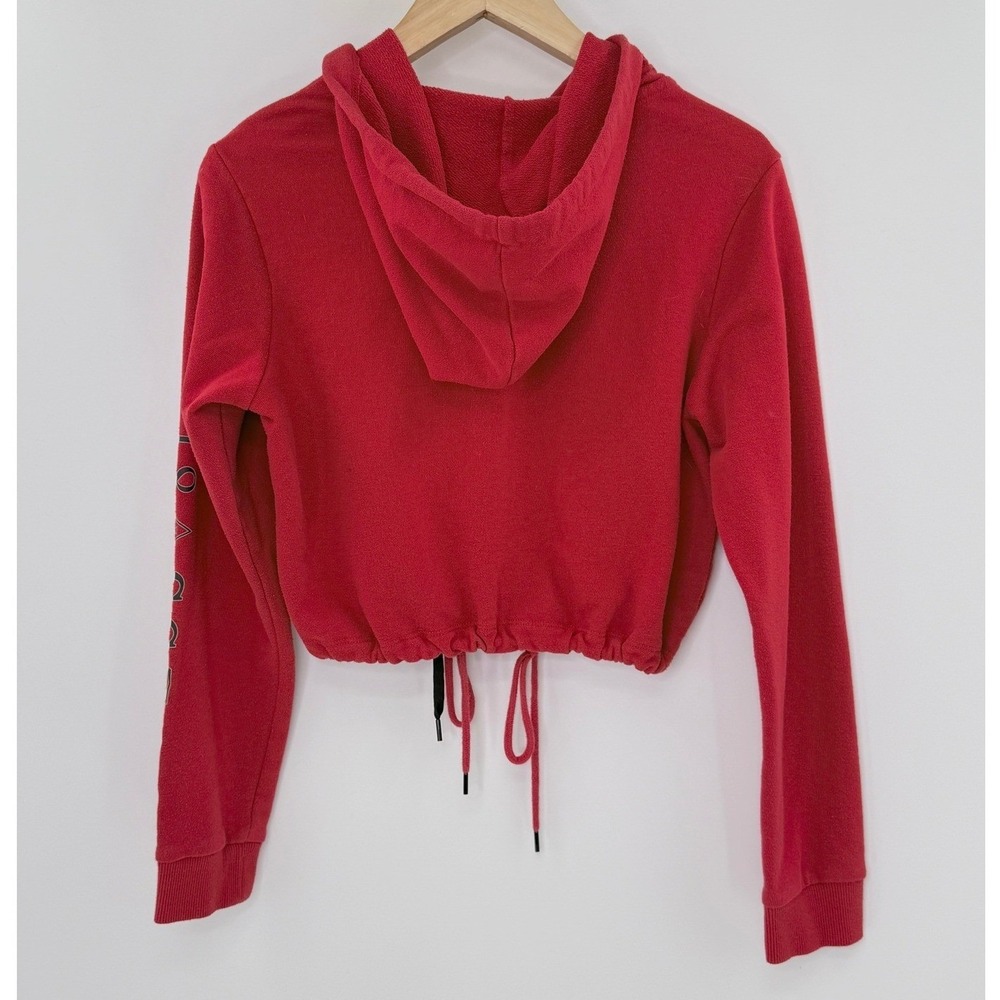 Guess Red Cropped Zip Up Hoodie Long Sleeve Drawstring Hem Logo Graphic Large - Picture 2 of 12
